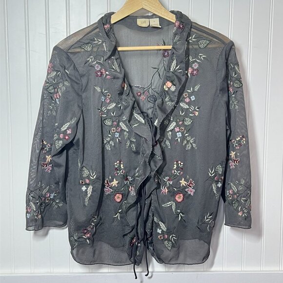 J Jill Sheer Blouse Ruffle Tie Front Cardigan Embroidered Flower Dainty Feminine - Picture 2 of 10